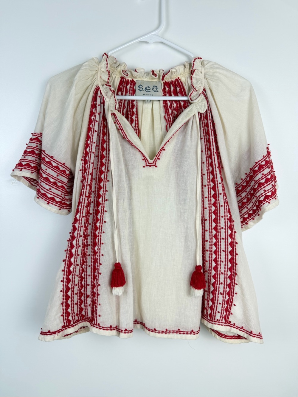 Sea New York Embroidered Peasant Blouse – Ivory/Red | Size Medium - Picture 2 of 13